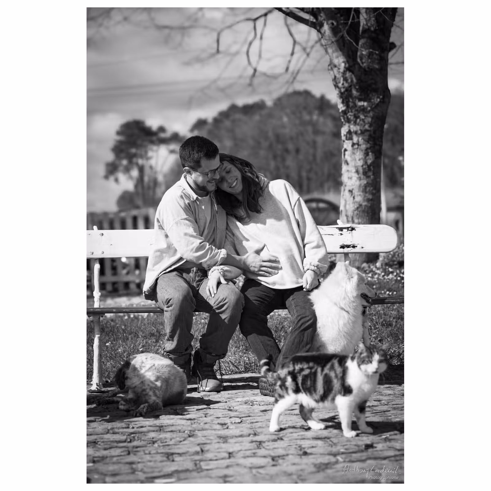 photographie noir et blanc d'un couple de jeunes parents s'enlaçant sur un banc, dont la femme est enceinte. Des animaux domestiques les entourent.