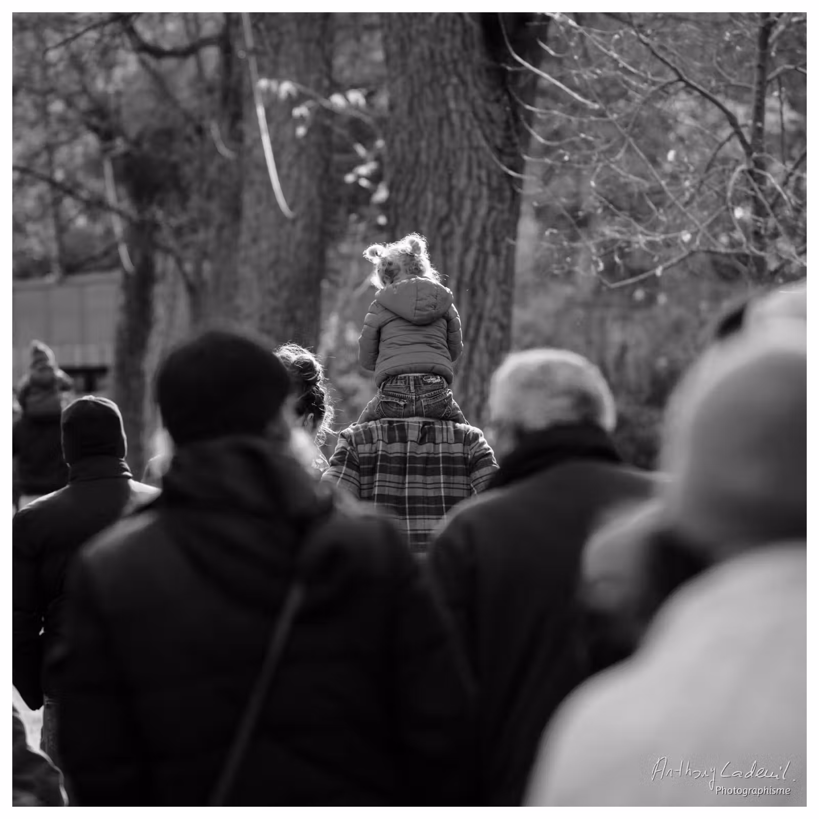 photographie d'une enfant de dos sur les épaules de son père