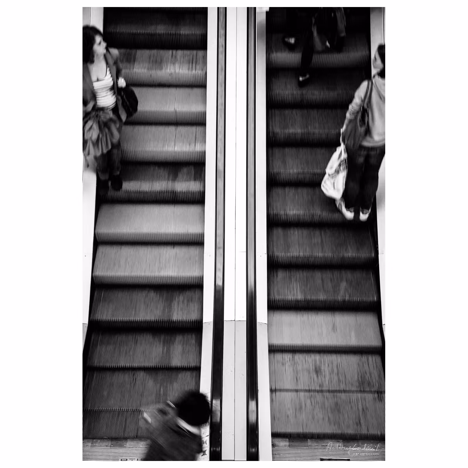 Des personnes se croisent sur un escalator