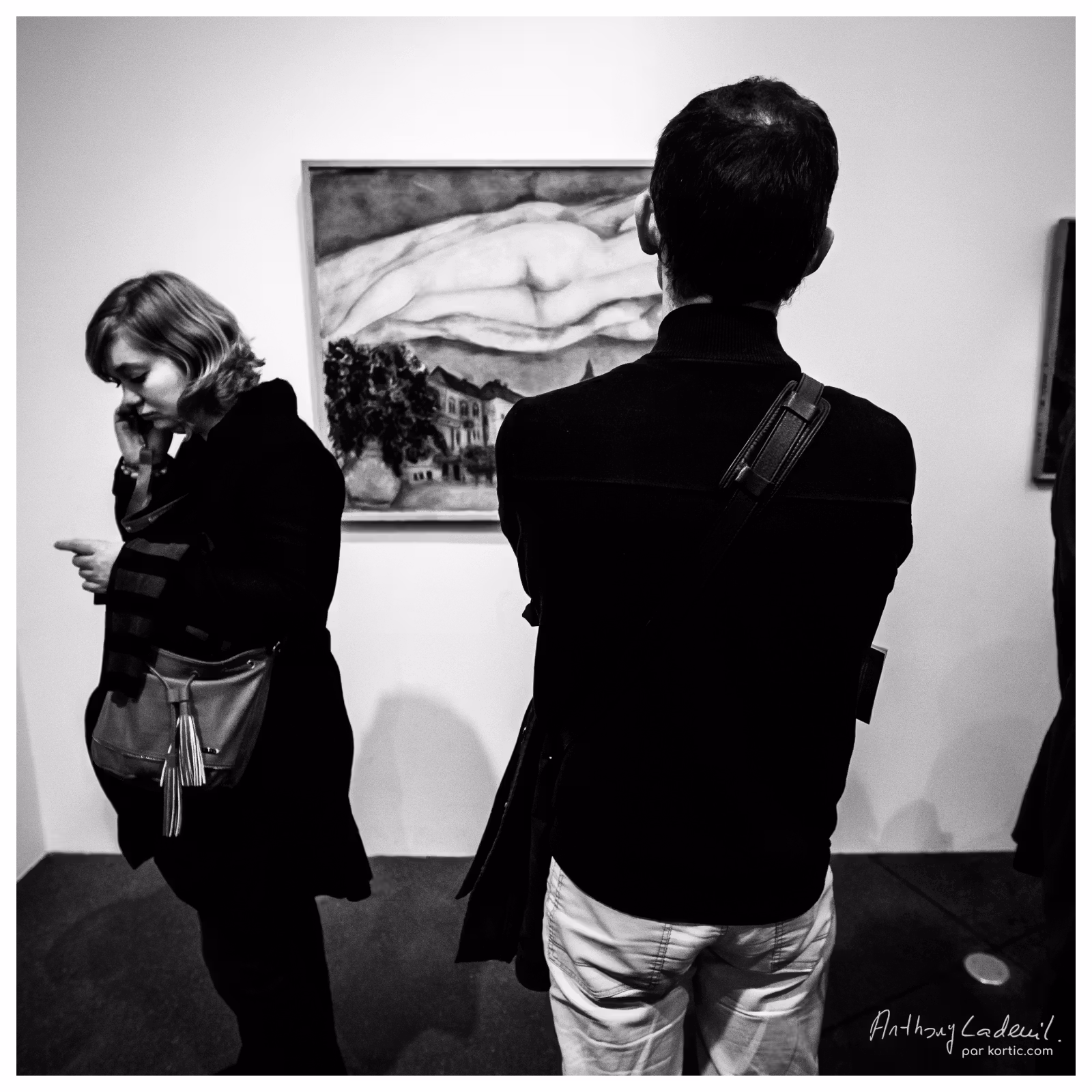 un homme de dos regarde un tableau de nu dans un musée
