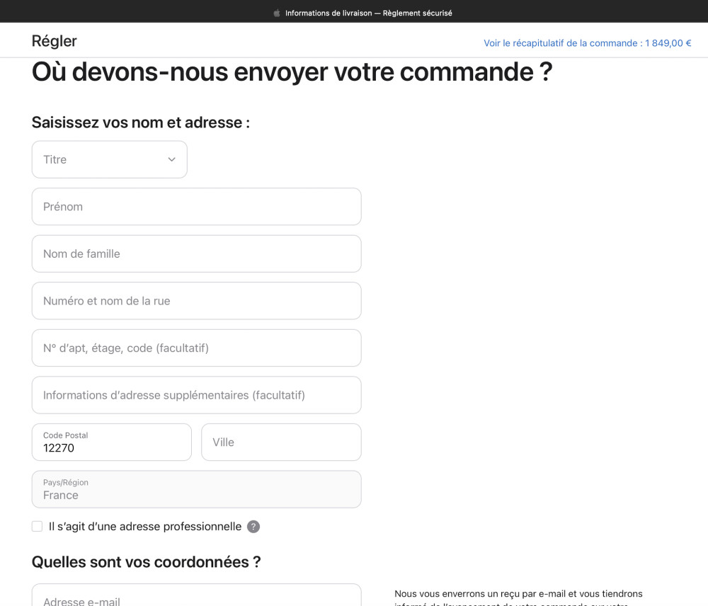 capture d'écran d'un formulaire de commande Apple