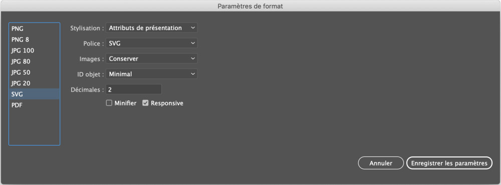 Boite de dialogue d'export SVG Illustrator