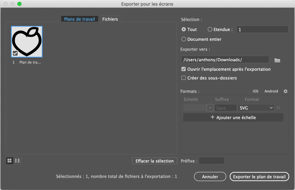 Boite de dialogue d'export SVG Illustrator