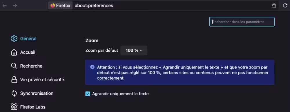 capture d'écran des paramètres Firefox