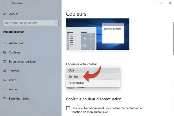 boite dialogue système Windows mode sombre