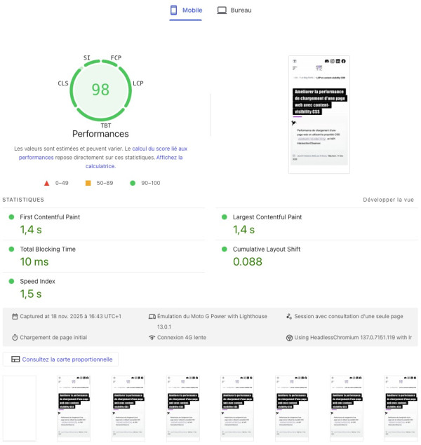 Vue Pagespeed avec LCP mobile 1.4s et performance 98/100