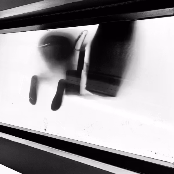 photographie en noir et blanc en contre-plongée sous une passerelle semie transparente où on voit des pieds en contre jour